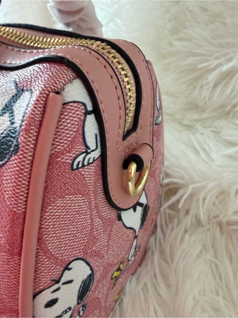 Fashion bag!!Pink Snoopy Print Satchel Bag with Crossbody Strap & Cherry Charm - Picture 6 of 12